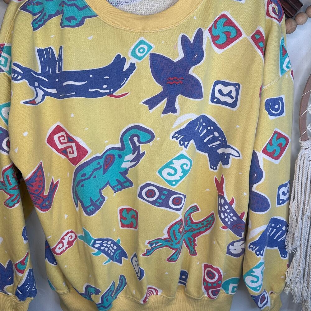 Vintage Retrospective Yellow Abstract Aboriginal Art Pattern Crewneck - Picture 3 of 4